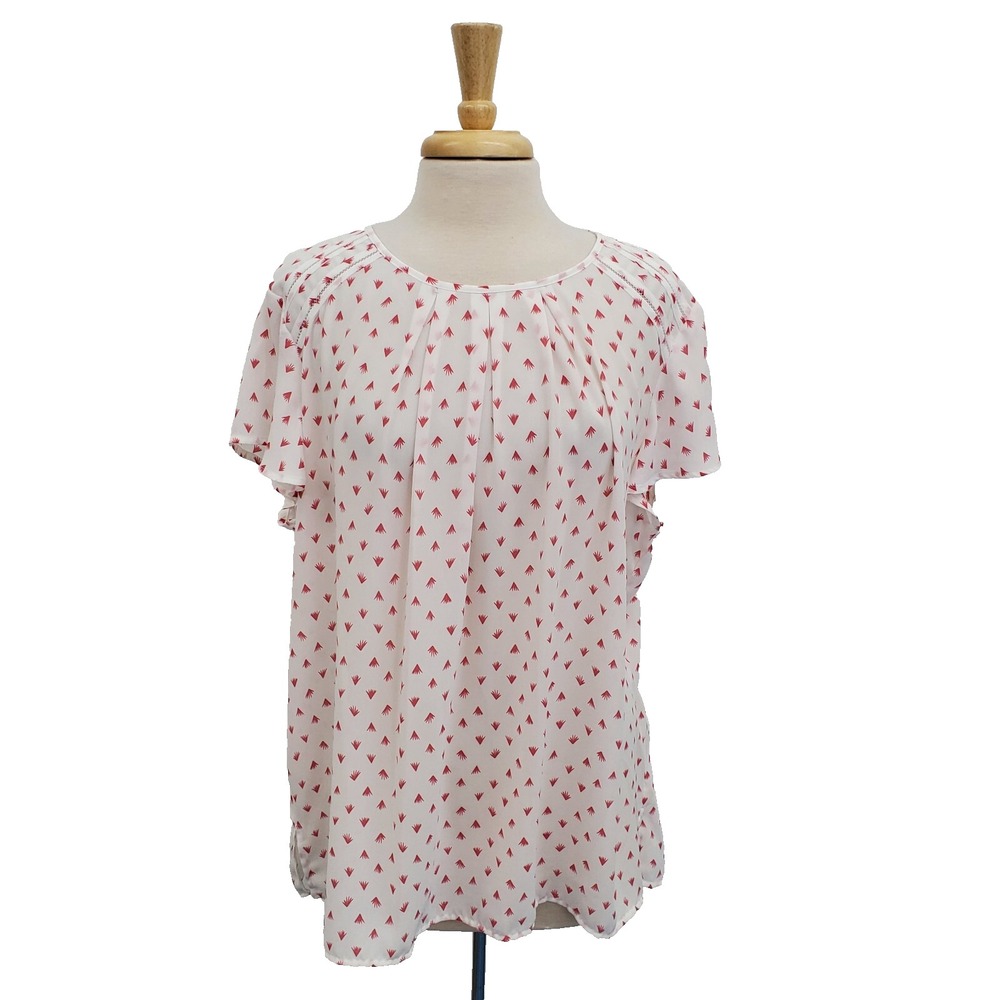 Liz Claiborne Womens Red & White Blouse Top 2XL Short Flutter Sleeve Semi-Sheer